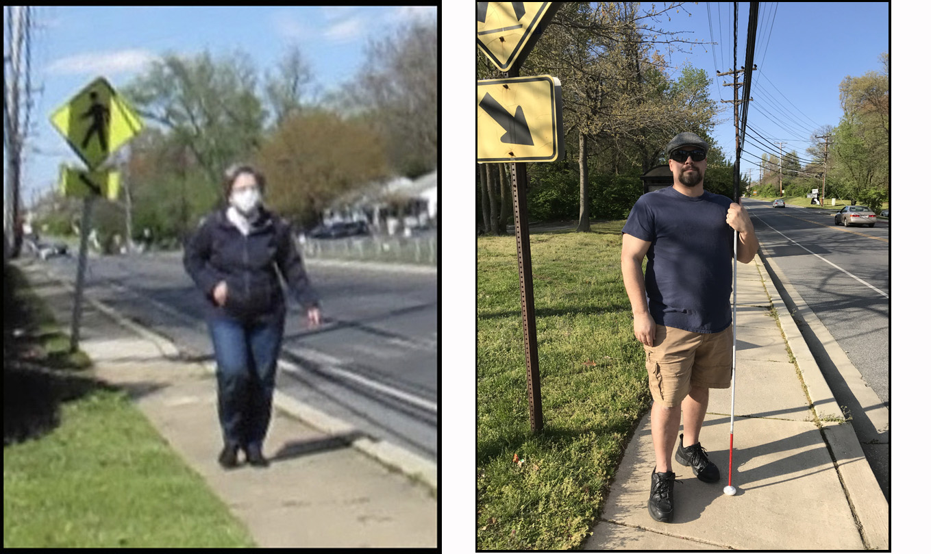 One picture shows Dona wearing a face mask, sweater and jeans walking along a sidewalk next to a busy two-lane street.  Another picture shows Jeremy wearing sunglasses, shorts, a T-shirt and baseball cap standing on the same sidewalk.